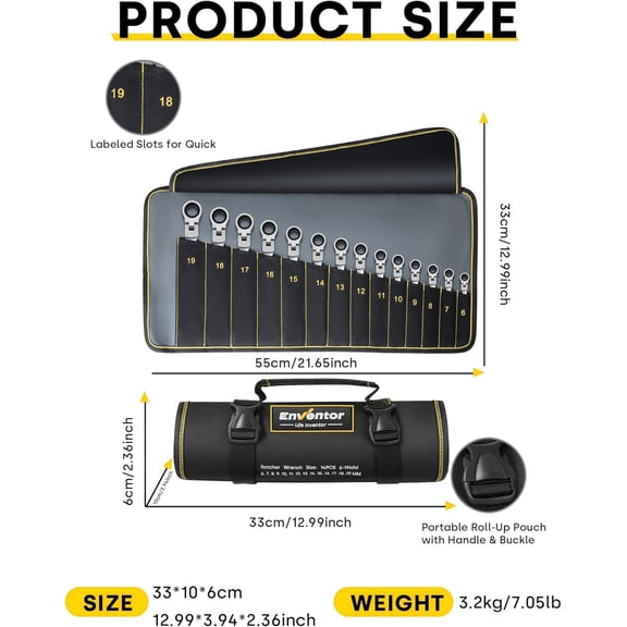 14 Pieces Ratcheting Wrench Set, Metric 6-19mm, 180 °   Flex Head, CR-V Steel, 72-Teeth, 12-Point Combination Ratchet Wrenches Set with Rolling Pouch