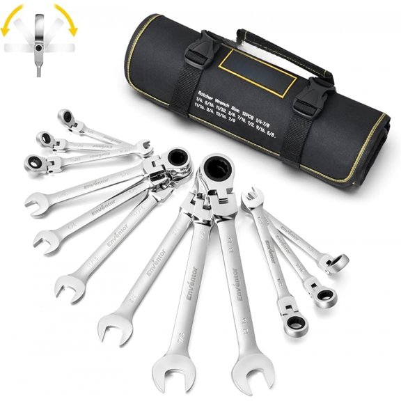 14 Pieces Ratcheting Wrench Set, Metric 6-19mm, 180° Flex Head, CRV Steel, 72-Teeth, 12-Point Combination Ratchet Wrenches Set with Rolling Pouch