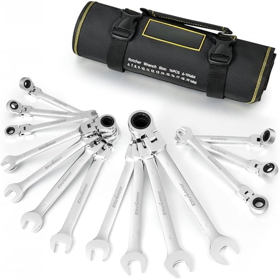 14 Pieces Ratcheting Wrench Set, Metric 6-19mm, 180° Flex Head, CRV Steel, 72-Teeth, 12-Point Combination Ratchet Wrenches Set with Rolling Pouch