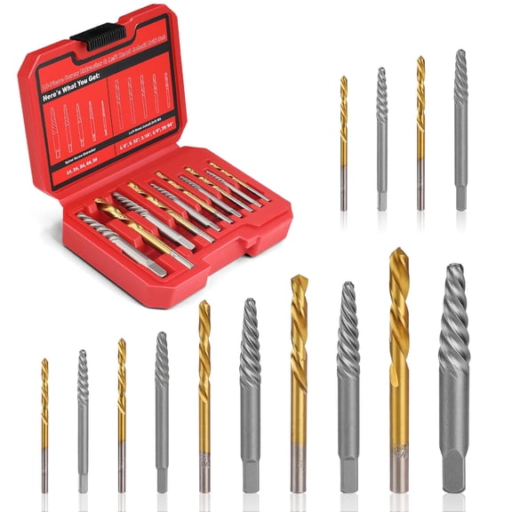 14 Pieces Screw Extractor Set, Left Hand Drill Bits Set for Removing Stripped Screws and Broken Bolts 35# Cr-Mo & 6542 HSS Steel Cobalt Easy Out Screw Extractor Set Broken Bolt Extractor Kit