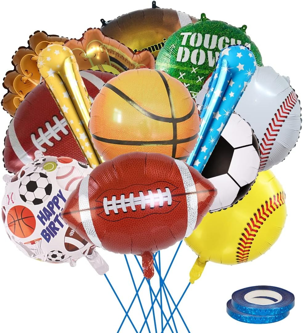 14 Pieces Sports Foil Balloon Set, 18 Inch Sports Theme Birthday Party Supplies Decorations, Football, Basketball, Baseball and Soccer Foil Balloon for Ball Fans Club, Home Decor