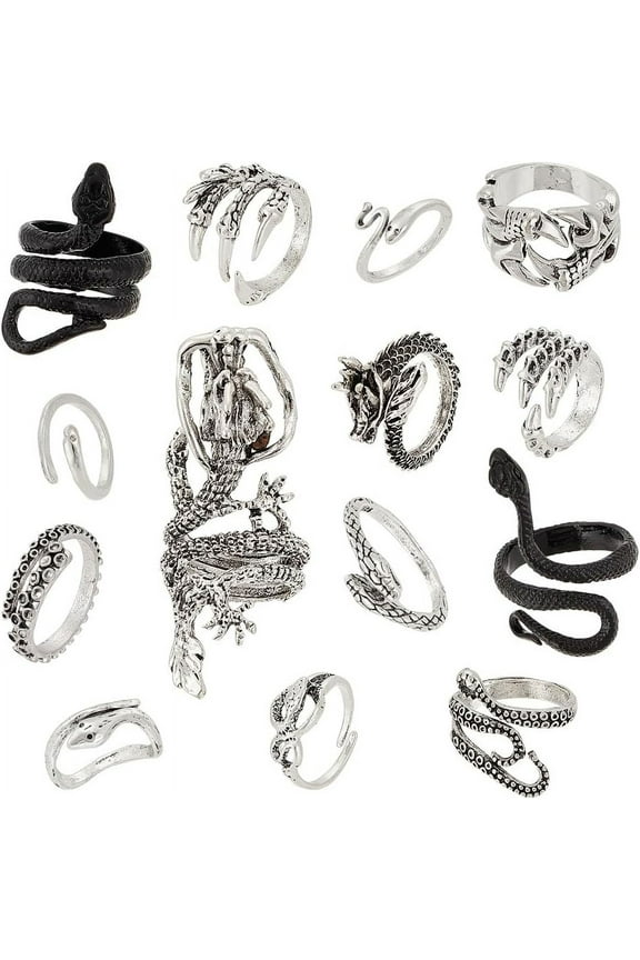 14 Pieces Vintage Punk Rings Set Gothic Stackable Rings Silver Snake Frog Dragon Ring Adjustable Open Rings Animal Finger Rings Cuff Rings Boho Rings For Women Men Jewelry diy