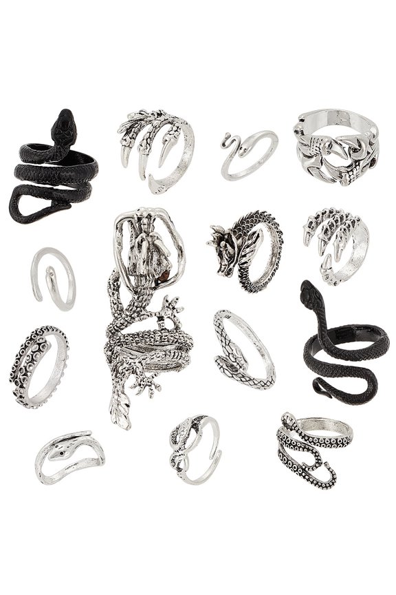 14 Pieces Vintage Punk Rings Set Gothic Stackable Rings Silver Snake Frog Dragon Ring Adjustable Open Rings Animal Finger Rings Cuff Rings
