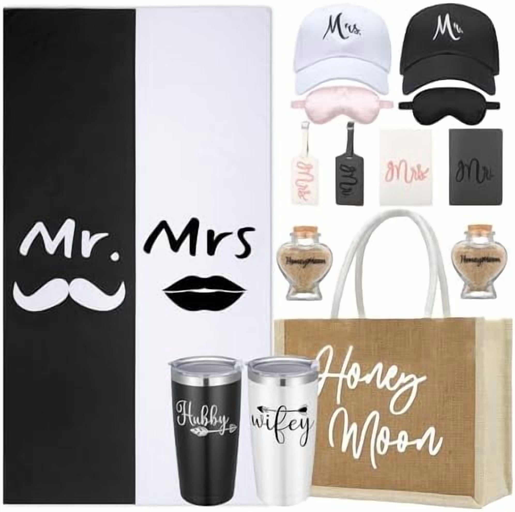 14 Pieces Wedding Gift Set for Couple - Mr & Mrs Honeymoon Gifts Include Wedding Towels, 20 oz Wine Tumbler, Hat, Passport Holder, Baggage Tag, Glass Bottle, Honeymoon Tote Bag