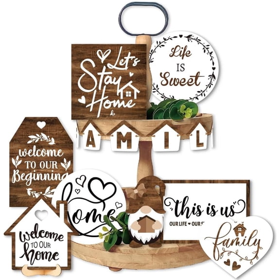 14 Pieces Wooden Tiered Tray Stand Decor Welcome to Our Home Farmhouse Tabletop Signs Decorative Trays Table Top Decor for Home Farmhouse Rustic Kitchen Decorations Mixed Color