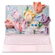14" Pink Laptop Computer for Students, 512GB SSD 16GB RAM, 2K FHD IPS Display,in tel N5105 Processor, Fingerprint, Backlit Keyboard, Win 11 Pro with Office, Type-C, Webcam, Long Battery Life