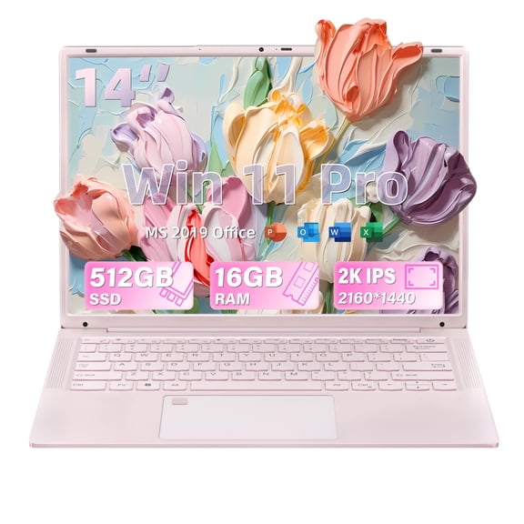 14" Pink Laptop Computer for Students, 512GB SSD 16GB RAM, 2K FHD IPS Display,in tel N5105 Processor, Fingerprint, Backlit Keyboard, Win 11 Pro with Office, Type-C, Webcam, Long Battery Life
