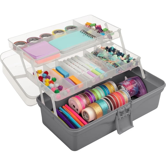 - 14 Plastic Tackle Box Organizer - 3-Layer Portable Sewing Box, Art Caddy, Craft Storage, First Aid Medicine Utility Toolbox or Hair Accessories Organizer with Latch and Handle (Gray)