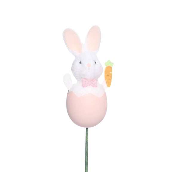 14" Plush Hatching Easter Bunny Floral Picks - Cute Rabbit in Egg Shell Stem with Carrot - Soft Stuffed Animal Decoration for Basket & Vase - Whimsical Spring Decor