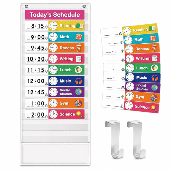 14-Pocket Daily Schedule Chart with 18 Reusable Cards and 2 Door Hooks, White