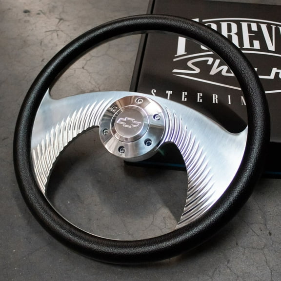 14" Polished Flight Steering Wheel Black 1/2 Wrap Grip Chevy Horn Button"
