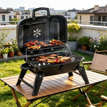 14" Portable Charcoal Grill with Folding Legs & Enamel Coating