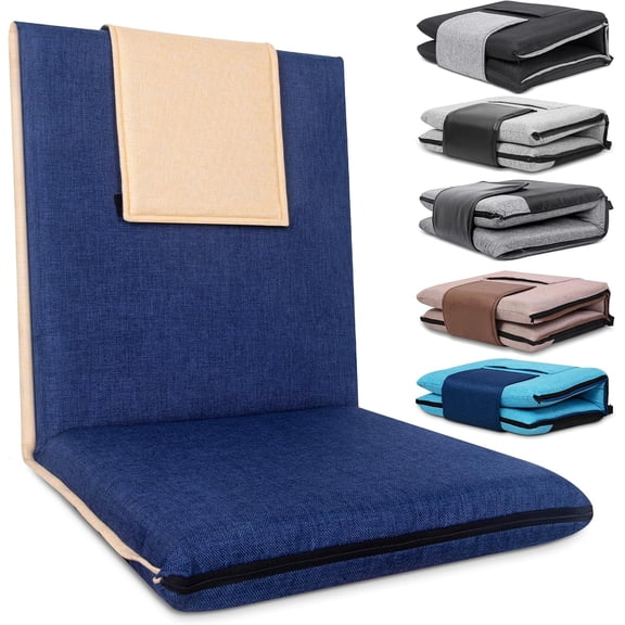 14-Position Adjustable Floor Chair with Back Support, Foldable Meditation Seat, Washable Linen Cover, Blue