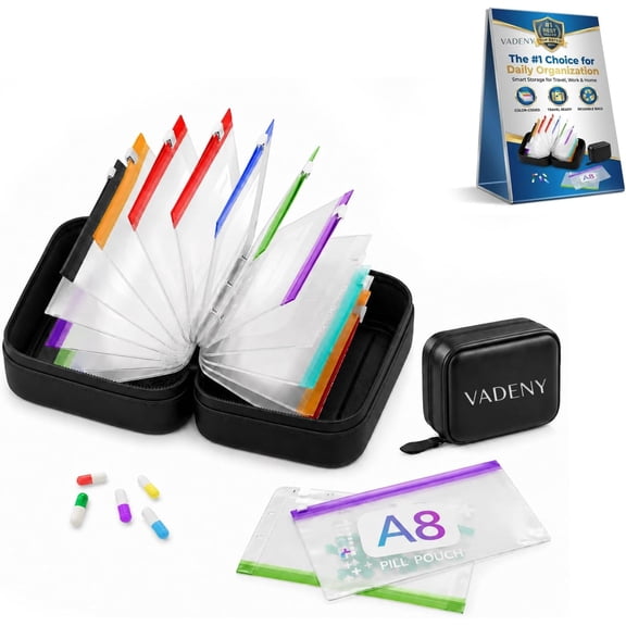 14 Pouch Waterproof Pill Organizer Binder Color Coded Zipper Medicine Storage Bag For Travel And Daily Medication Management (Black)