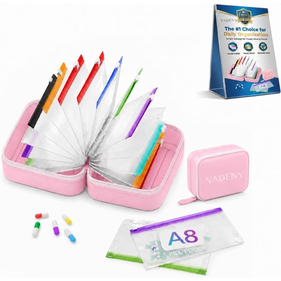 14 Pouch Waterproof Pill Organizer Binder Color Coded Zipper Medicine Storage Bag For Travel And Daily Medication Management (Pink)
