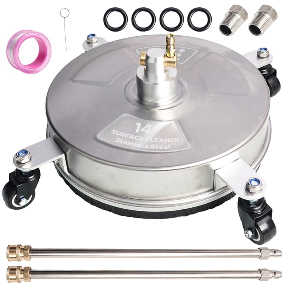 14" Pressure Washer Surface Cleaner, Stainless Steel Surface Cleaner with 4 Wheels for Concrete, Patio, Sidewalk, Deck, Pathway 1/4" Quick Connector, 2 Extension Wand, 4000 PSI
