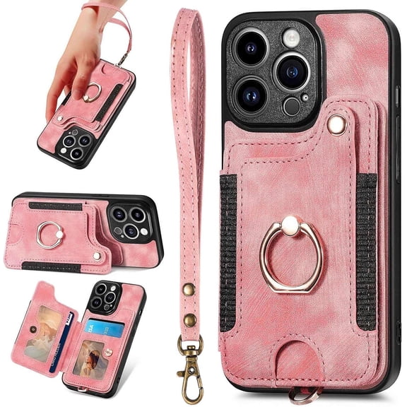 14 Pro Phone Case,Card Holder Wallet for iPhone 14 Pro Case,Ring Holder Stand,RFID-Blocking,Wrist Strap,Camera Lens Protector,Leather Protective Cute Flip Cover for Women (Pink)