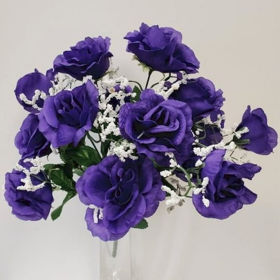 14 Purple Open Roses Artificial Flowers