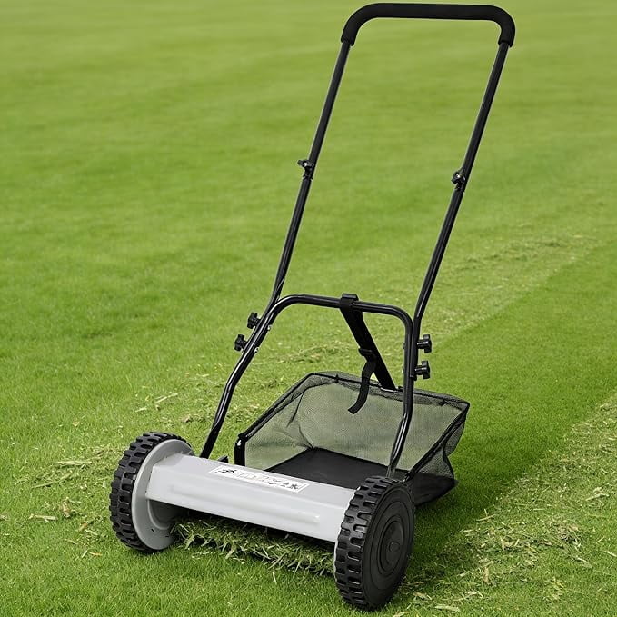 14" Push Reel Lawn Mower with Grass Catcher, 5-Blade Manual Mower with 8" Wheels & Adjustable Height, Eco-Friendly for Small Yards, Gray