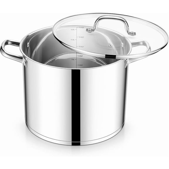 14 Qt Large Stock Pot, Stainless Steel Stockpot with Lid for Boiling Cooking Soup Stew Canning, Heavy Duty Tri-Ply Bottom Works w/Induction, Commercial Grade & Dishwasher Safe