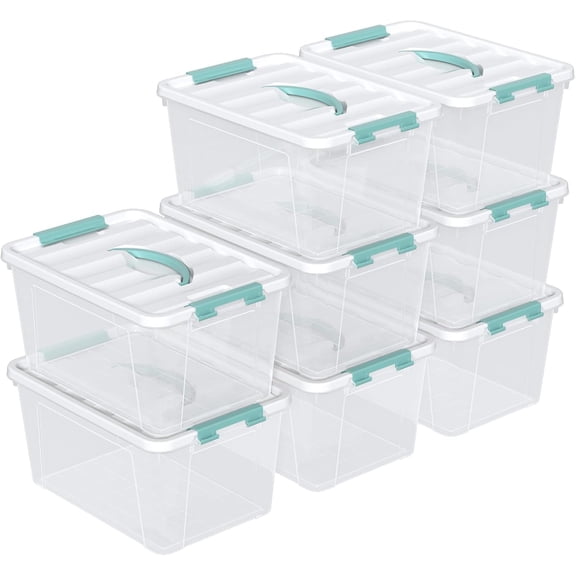 14 Qt Stackable Plastic Storage Bins with White Lids, Clear Latching Storage Organizer Box, 8 Packs