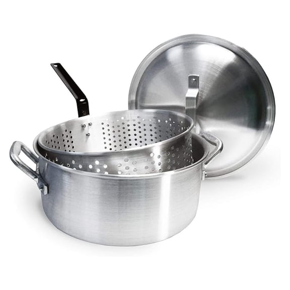 14-Quart Aluminum Fry Pot with Lid & Basket - Heavy-Duty Riveted Handles - Ideal for Deep Frying Fish, Shrimp, Chicken, and More