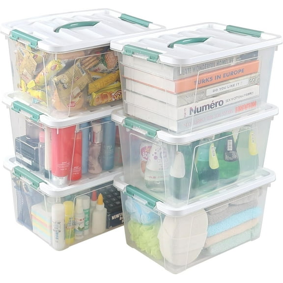 14 Quart Clear Plastic Latching Box with Handle, Plastic Storage Bin with Lids, 6 Packs