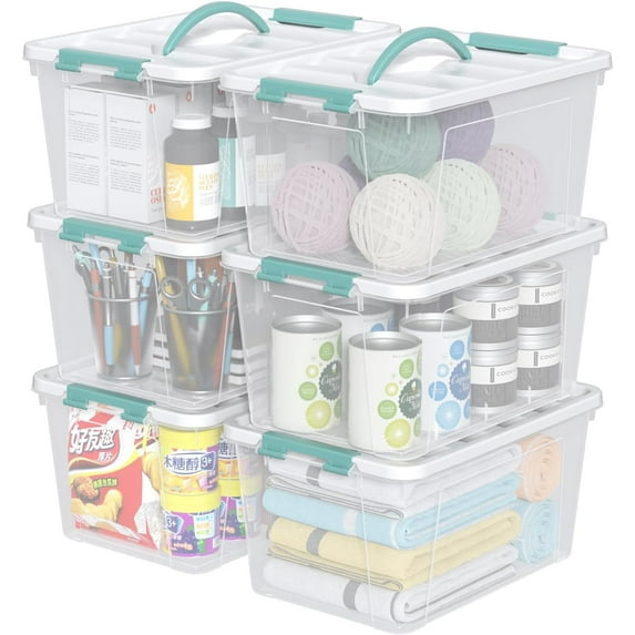 14 Quart Clear Storage Boxes with Handles, Plastic Latching Bins with Lids, 6 Packs