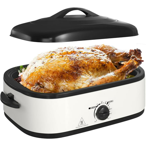 14 Quart Electric Roaster Oven with Self-Basting Lid, Stainless Steel Turkey Roaster Oven with Rack, Removable Pan, Cool-Touch Handles, Easy to Clean, White