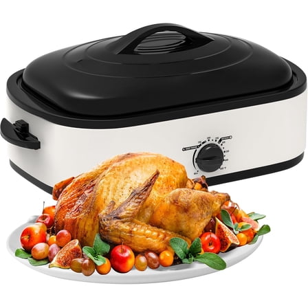 14 Quart Electric Roaster Oven, Turkey Roaster Electric, Roaster Oven Buffet, Selfbasting Lid, Removable Pan, Full-Range Temperature Control Cool-Touch Handles, White Body, Black Lid