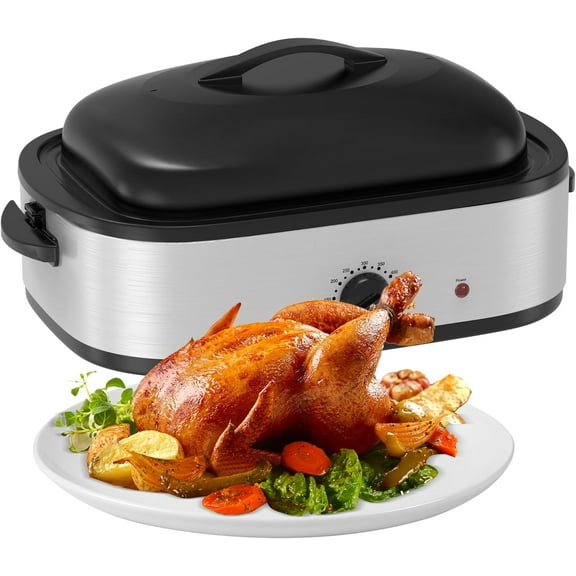 14 Quart Roaster Oven with Self-Basting Lid, Turkey Defrost & Warm Function, Turkey Roasting Pan with Removable Roasting Rack, Adjustable Temperature for Use as a Slow Cooker, Stainless Steel, Silver