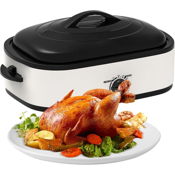 14 Quart Roaster Oven with Self-Basting Lid Turkey Roasting Pan with Removable Roasting Rack Turkey Defrost & Warm Function Adjustable Temperature Stainless Steel White