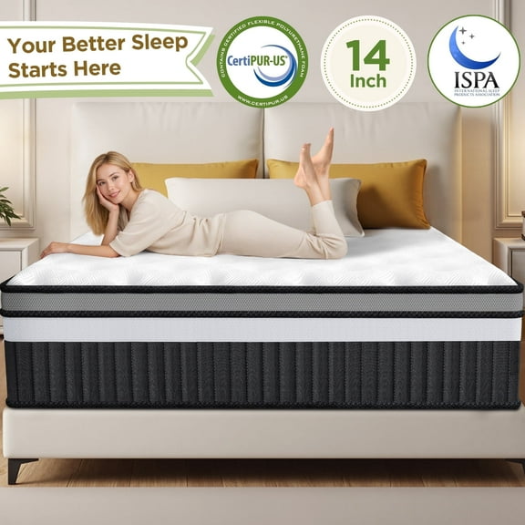 14" Queen Mattress in a Box, Hybrid Memory Foam Bed – Medium Firm Feel, Cooling & Breathable Fabric, Motion Isolation, Zoned Pressure Relief