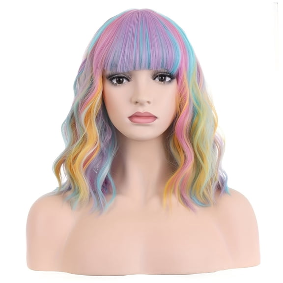14" Rainbow Short Wavy Pastel Hair Wigs with Bangs for Women | Vibrant Multi-Color Synthetic Wigs for Cosplay and Costumes