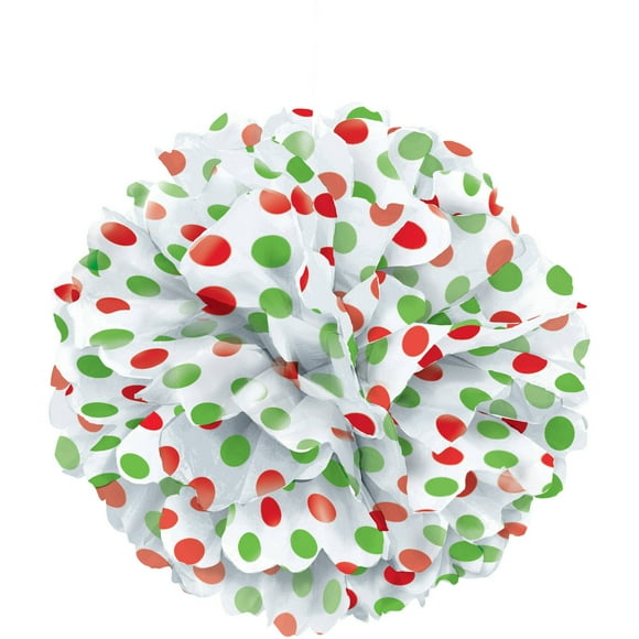 14" Red & Green Polka Dot Christmas Tissue Paper Pom Pom
