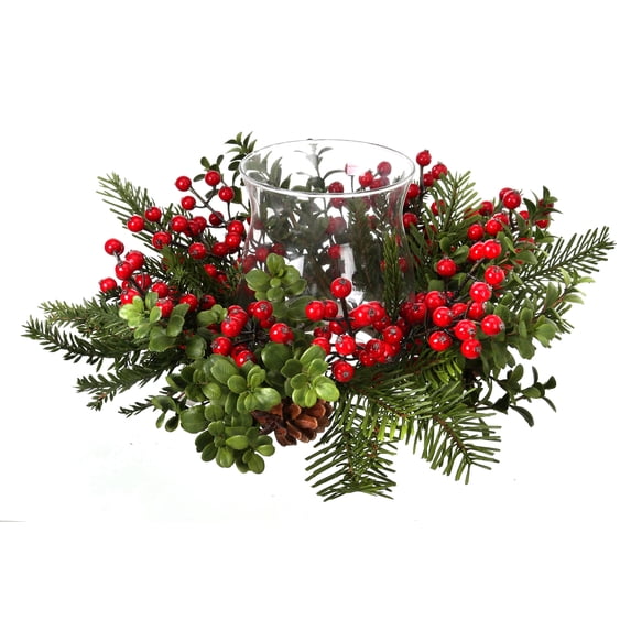 14" Natural Touch Boxwood Fir Glass Candle Holder