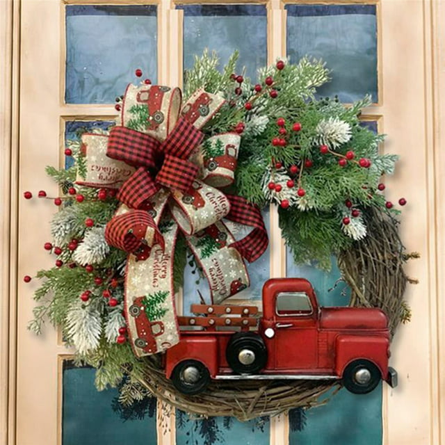 14" Red Truck Christmas Wreath-Vintage Truck Berry Autumn Wreath at The Front Door-Wooden Hanging Wreath for Indoor and Outdoor Decoration