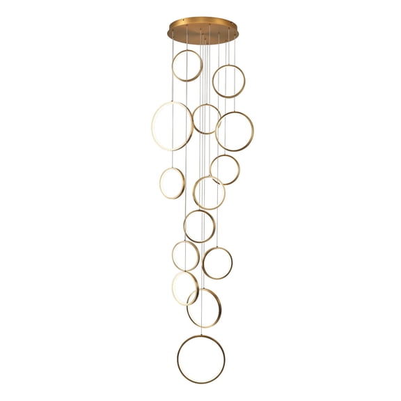 14 Ring High Ceiling Chandelier Foyer, Gold Modern LED Large Staircase Long Chandeliers Light Fixture with Remote for Staircase Entryway Living Room Dining Room