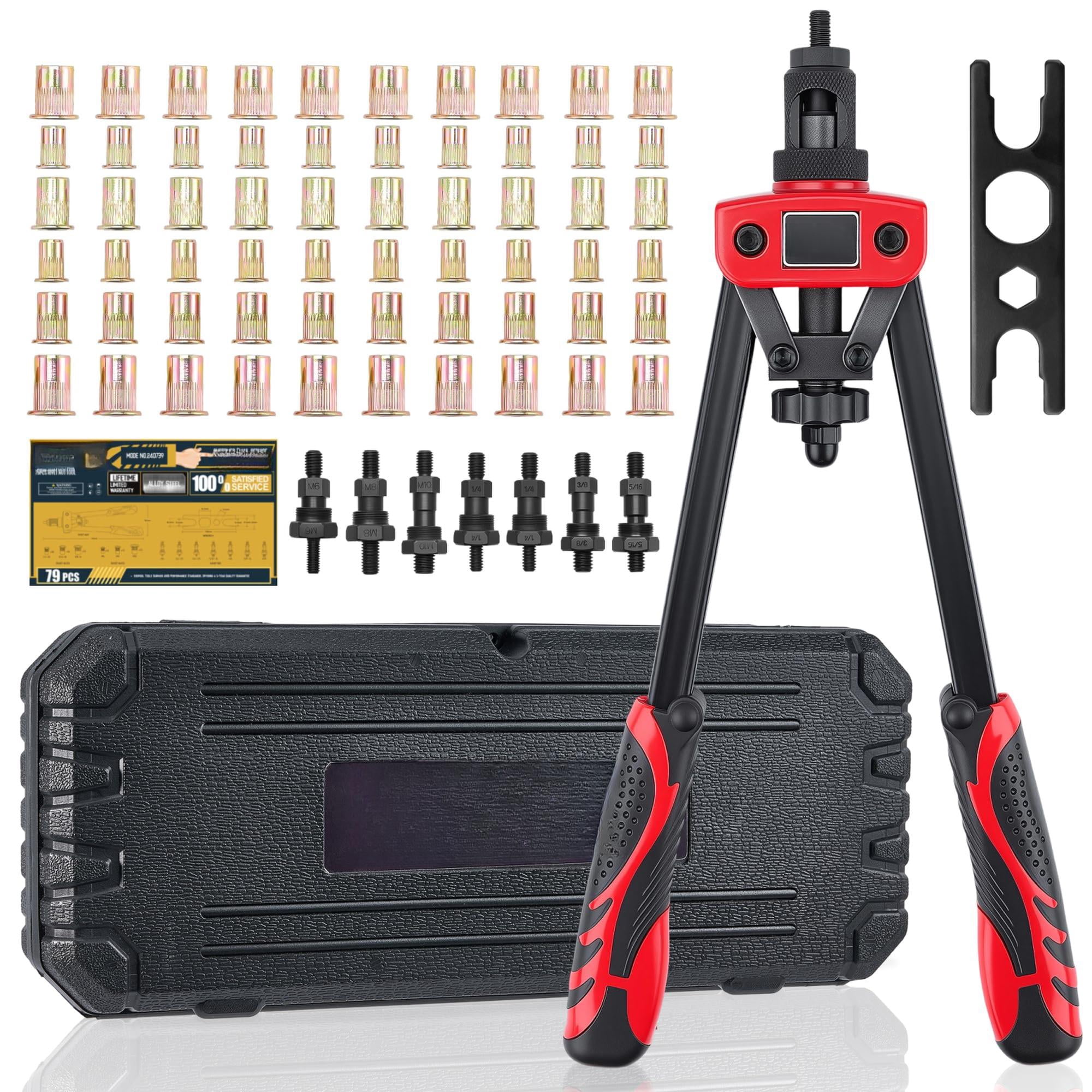 14" Rivet Nut Tool Kit  Heavy-duty Rivnut/nutsert With 7 Mandrels (m6 M8 M10 1/4"-20*2 5/16"-18 3/8"-16) & 70 Nuts Rugged Rivnut Carrying Case (14")