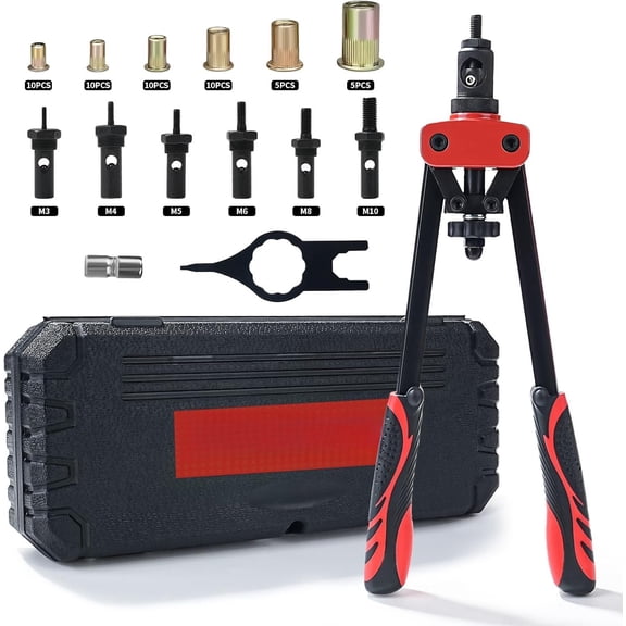 14" Rivet Nut Tool Kit, Professional Rivnut Tool with 6 Metric Mandrels, 50 count Rivnuts, Heavy-Duty Hand Riveter Set for Automotive & Sheet , with Rugged Storage Case