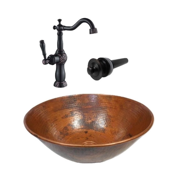 14" Round Copper Vessel Bathroom Sink Natural Patina COMBO
