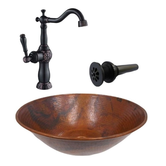14" Round Copper Vessel Sink Natural Patina, Faucet & Drain Included