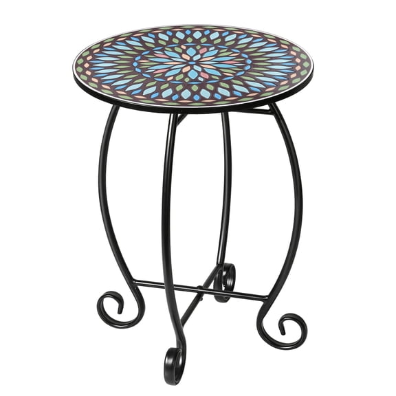 14" Round End Table, Unique Relief Ceramic Tile Tabletop with Metal Frame, Metal Scrollwork Accent Table, Coffee Tea Table Nightstand for Living Room, Bedroom, Indoor Outdoor Use