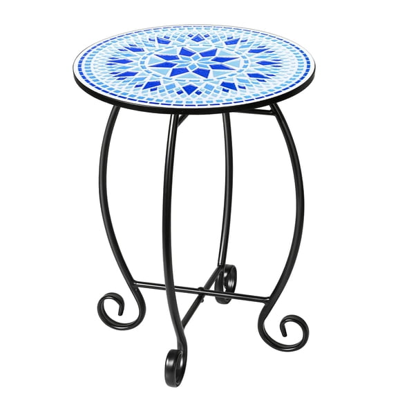 14" Round End Table, Unique Relief Ceramic Tile Tabletop with Metal Frame, Metal Scrollwork Accent Table, Coffee Tea Table Nightstand for Living Room, Bedroom, Indoor Outdoor Use