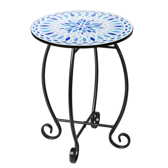 14" Round End Table, Unique Relief Ceramic Tile Tabletop with Metal Frame, Metal Scrollwork Accent Table, Coffee Tea Table Nightstand for Living Room, Bedroom, Indoor Outdoor Use
