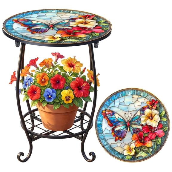 14" Round Mosaic Side Table, Decorative Ceramic Tile Accent Table for Indoor & Outdoor, Versatile Plant Stand & End Table for Patio, Porch, Balcony, Garden & Living Room (Sturdy Metal Base)