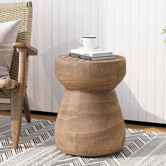 14" Round Outdoor Patio End Table - Faux Wood & Stone-Look Accent Table with Unique Chessboard Texture, Heavy-Duty for Fire Pit, Balcony, Porch (Brown)