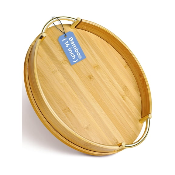 14" Round Serving Tray With Handles - Decorative Breakfast Coffee Table Ottoman Kitchen Platter For Drinks Snacks Vanity Home Decor & Gifts