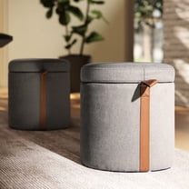 14" Round Storage With Upholstered Top - Gray Version Leather Detail In