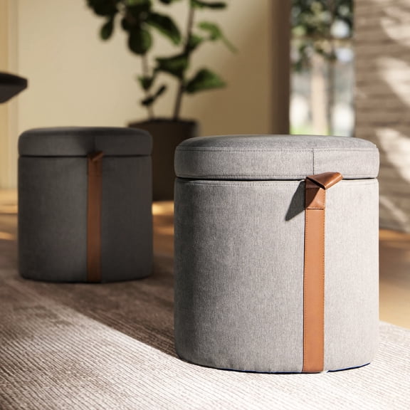 14" Round Storage With Upholstered Top - Gray Version Leather Detail In